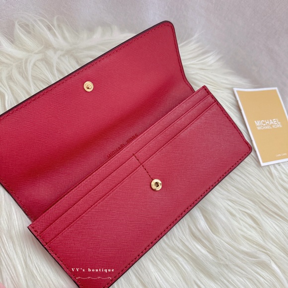 NWT Michael Kors MK Jet Set Saffiano Leather Flat Large Long Wallet Scarlet Red - Picture 4 of 6